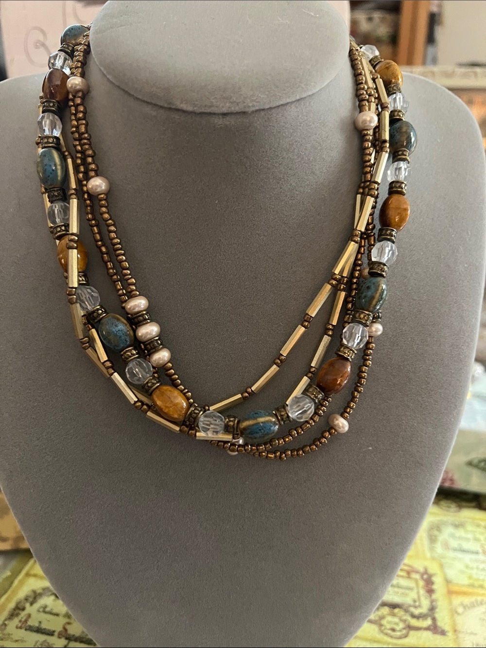 Multistrand Beaded Statement Necklace - Blue and Brown